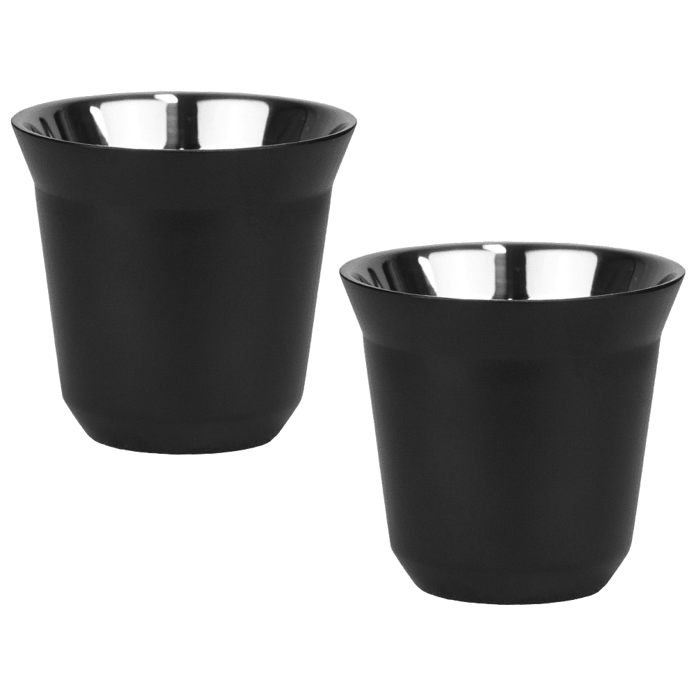 A set of two recycled espresso cups in matte black with stainless steel interiors, featuring a logo. Duo Recycled Espresso Cup Set - Image 1