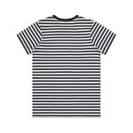 A black and white striped t-shirt with short sleeves and a crew neckline, featuring a logo on the back.