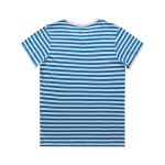 A striped T-shirt featuring blue and white horizontal stripes, with a crew neck and short sleeves.