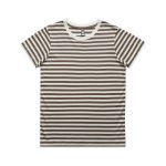 A striped t-shirt in brown and white, featuring a round neckline and short sleeves. It has a branding label on the neck.