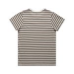 A striped t-shirt featuring a pattern of brown and white horizontal stripes, with a crew neck design and short sleeves.