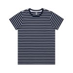 A navy blue and white striped T-shirt with short sleeves and a round neckline, featuring a logo.