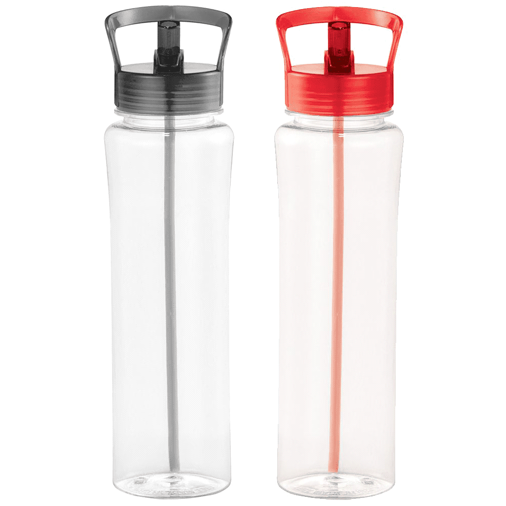 A drink bottle set featuring a clear design with grey and red caps and built-in straws, along with branding. Sparton BPA Free Sports Bottle 885ml - Image 1