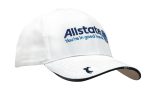 A white cap with a logo and text on the front, featuring a black rim on the brim.