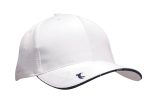 A white cap with a curved brim and a logo on the front, featuring a navy trim along the brim.
