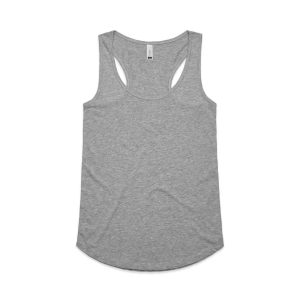A grey racerback singlet with a rounded hem and a logo on the label.