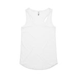 A white racerback singlet featuring a smooth fabric and a rounded hem, with a logo at the neckline.