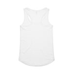 A white racerback singlet featuring a rounded hem and a logo on the back.