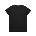 A black t-shirt with a crew neckline and short sleeves, featuring a logo on the back.