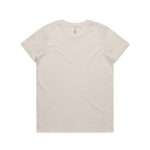 A plain beige t-shirt with a crew neckline and short sleeves, featuring a branding label.