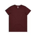 A maroon basic t-shirt with a crew neckline and short sleeves. It includes a label but no visible logos.
