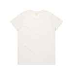 A plain white T-shirt featuring a round neck and short sleeves, with a logo on the back.