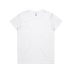 A plain white t-shirt with a crew neckline and short sleeves, featuring a small logo on the label.