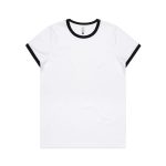 A white T-shirt with black trim around the neckline and sleeves, featuring a logo.