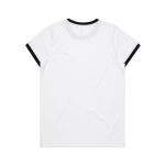 A white T-shirt with black ringer details around the collar and sleeves, featuring a logo.