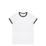 A white T-shirt with black ringer sleeves and a round neckline. The shirt features a logo.