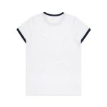 A white T-shirt with a navy blue collar and sleeve trim, featuring a logo.