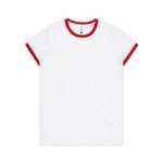 A white T-shirt featuring a red ringer collar and sleeves, with a logo on the tag inside.