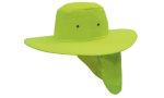 A bright green canvas sun hat with a wide brim and a neck flap, featuring two ventilation holes.