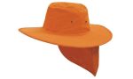 An orange canvas sun hat featuring a wide brim and a neck flap, designed for sun protection.