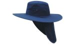A navy canvas sun hat with a wide brim and a neck flap for sun protection. It features a logo on it.