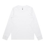 A long-sleeve white T-shirt featuring a logo. The shirt has a classic crew neck design.