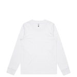 A white long-sleeve T-shirt with a crew neck and cuffs. Features a logo on the interior label.