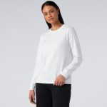 A long-sleeve tee in white, featuring a simple design and a logo on the chest.