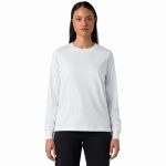 A white long-sleeve t-shirt with a round neckline and fitted sleeves. It features a logo on the front.