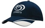 A navy cap with mesh inserts on the peak and a white logo. Features curved peak and stitching details.