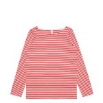 A long-sleeved T-shirt featuring red and white horizontal stripes, with a rounded neckline and a logo.
