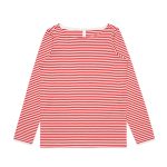 A long-sleeved t-shirt featuring red and white horizontal stripes and a rounded neckline. It has a branding logo.