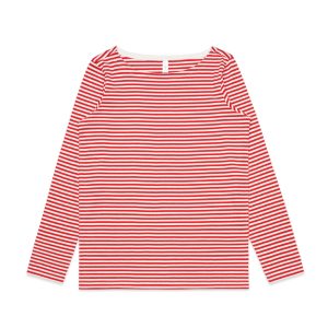 A long-sleeved t-shirt featuring red and white horizontal stripes and a rounded neckline. It has a branding logo.