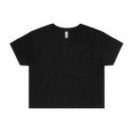 A black crop tee with a relaxed fit, featuring short sleeves and a rounded neckline. Includes a logo.