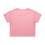 A pink crop tee with short sleeves and a plain back, featuring a logo.
