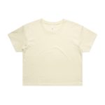 A cropped t-shirt in a soft cream colour, featuring short sleeves and a simple design. It has a logo.