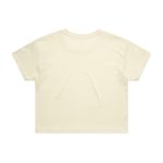 A light cream crop t-shirt featuring a simple design and relaxed fit, with a logo on the back.