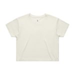 A light cream crop tee with a relaxed fit, featuring short sleeves and a simple design. It has a brand logo.