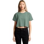 A cropped tee in a muted green colour, featuring a simple design and short sleeves, displayed on a model.
