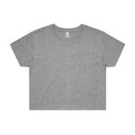 A grey crop tee with short sleeves and a round neckline, featuring a logo on the label.