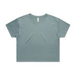A teal crop tee with a round neckline and short sleeves, featuring a logo on the label.