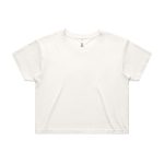 A white crop tee with a relaxed fit. The shirt features short sleeves and has a logo.