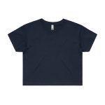 A navy blue crop tee with a relaxed fit and short sleeves. The shirt features a branding logo.