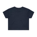 A dark navy crop tee with a plain back design and short sleeves. Features a logo on the back.