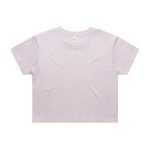 A cropped tee in a light lavender colour with a round neckline and short sleeves, featuring a brand logo.