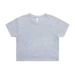 A light blue crop tee with a relaxed fit and a simple design. It has a logo on the label.