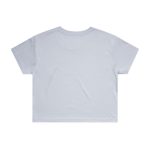 A light blue crop tee featuring a simple design and short sleeves, with a branding logo on the back.