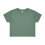 A green cropped t-shirt with a simple design and short sleeves, featuring a logo at the neckline.