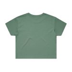 A green cropped t-shirt featuring a simple design and a branding logo.