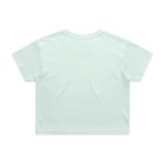 A mint green crop tee with short sleeves and a simple design, featuring a branding logo on the back.